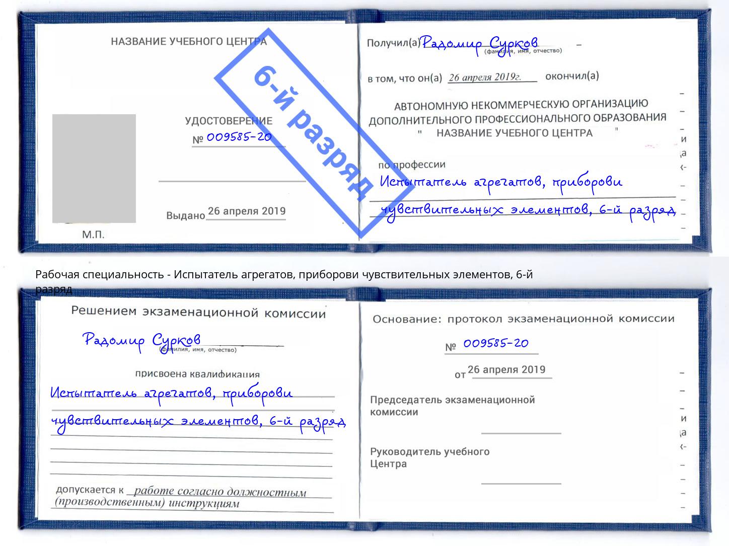 корочка 6-й разряд Испытатель агрегатов, приборови чувствительных элементов Наро-Фоминск