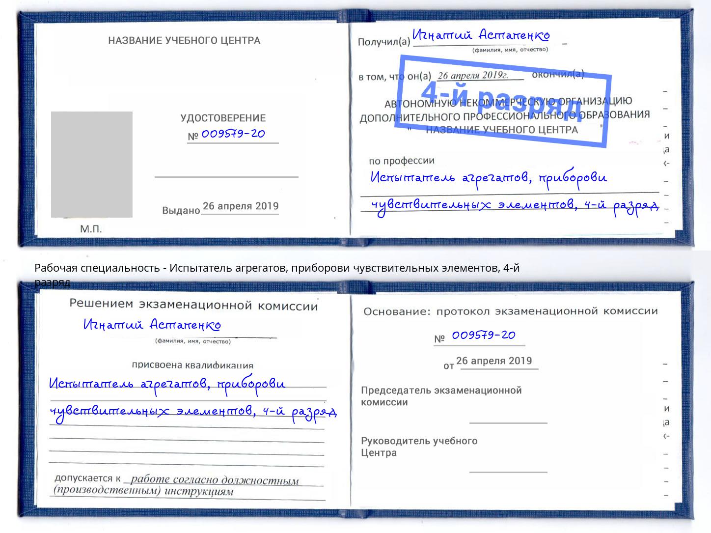 корочка 4-й разряд Испытатель агрегатов, приборови чувствительных элементов Наро-Фоминск
