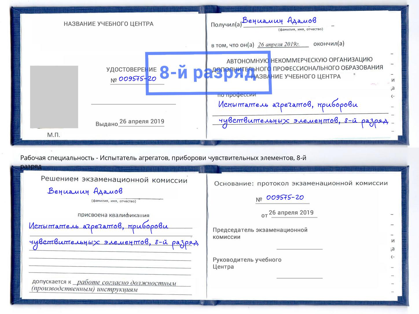 корочка 8-й разряд Испытатель агрегатов, приборови чувствительных элементов Наро-Фоминск